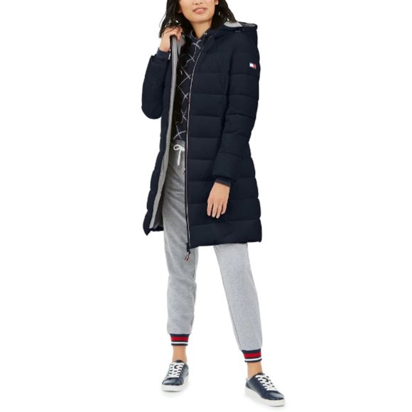 Women's Tommy Hilfiger Deep Blue Puffer Hooded Jacket 3 Pockets Maroon Lining S - Picture 15 of 15